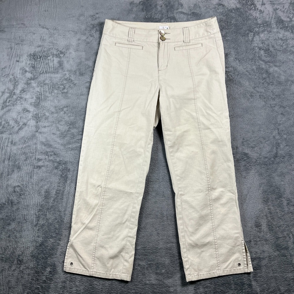 Calvin Klein Cropped Pants Womens 8 Beige Straight Leg Grid Ripstop Ankle Slits